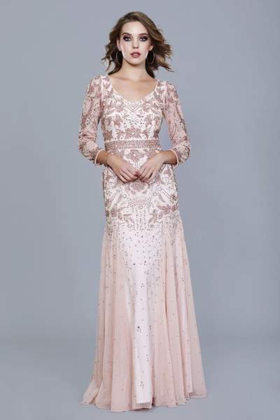 Shail K - Bejeweled Long Sleeve V-neck A-line Dress 12162 - 1 pc Rose In Size 6 Available CCSALE 6 / Rose