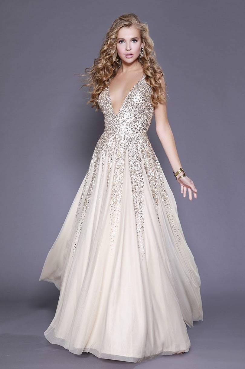 Shail K Plunging V-Neck Sequined Tulle Gown 12134 - 1 pc Gold In Size 4 Available CCSALE
