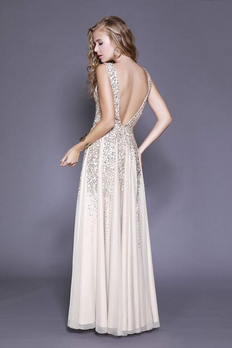Shail K Plunging V-Neck Sequined Tulle Gown 12134 - 1 pc Gold In Size 4 Available CCSALE