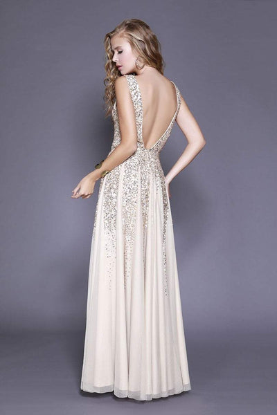 Shail K Plunging V-Neck Sequined Tulle Gown 12134 - 1 pc Gold In Size 4 Available CCSALE