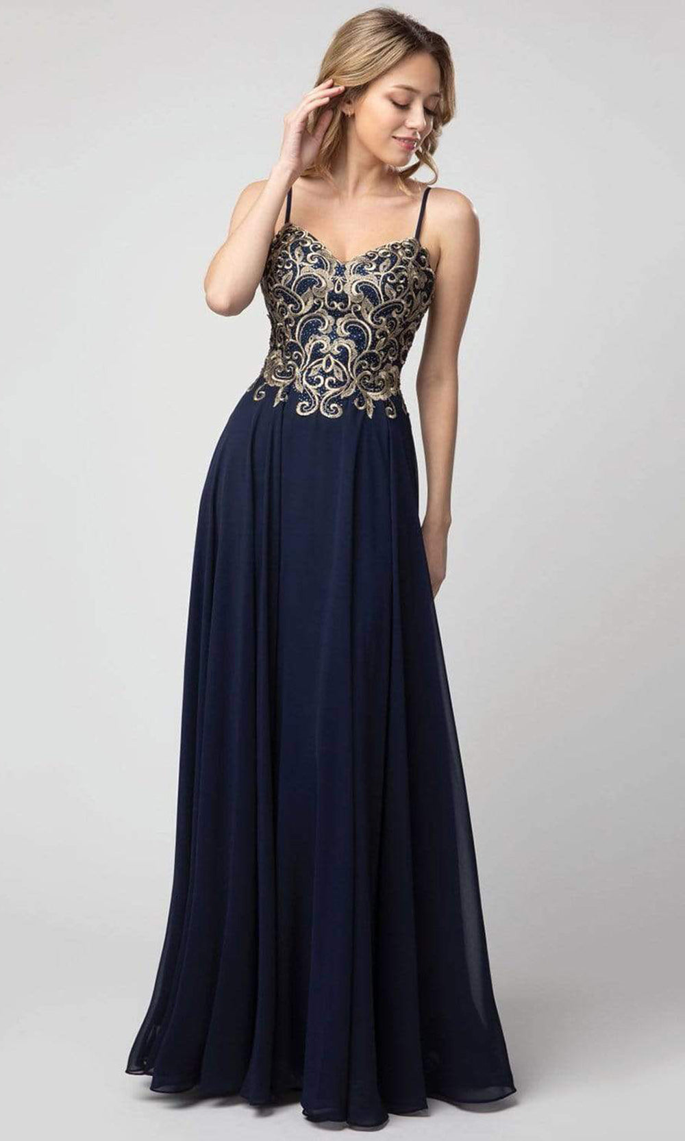 Shail K - Sweetheart Gilt-Embroidered Bodice Dress In Blue