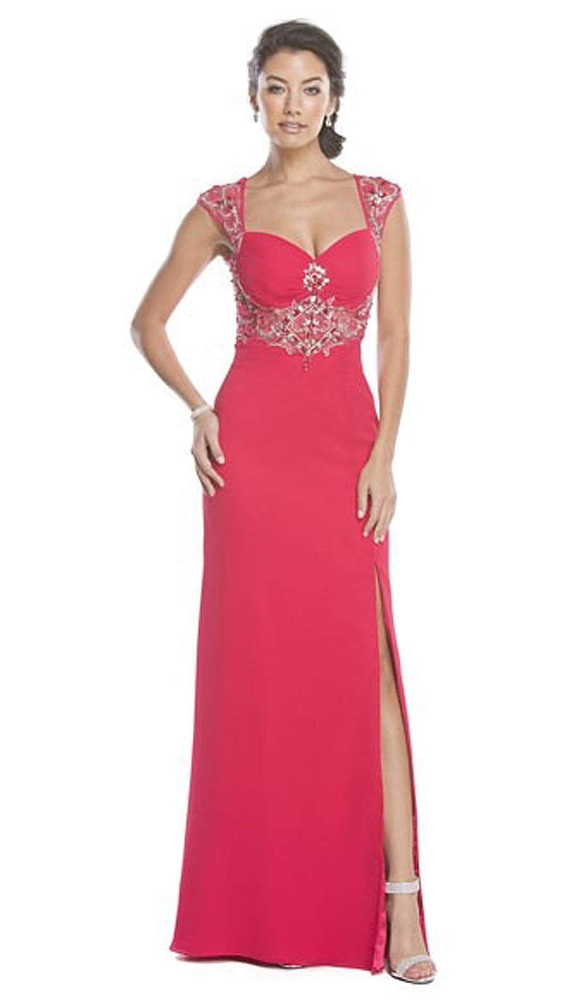 Sheer Embellished Evening Gown with Slit Dress XXS / Fuchsia