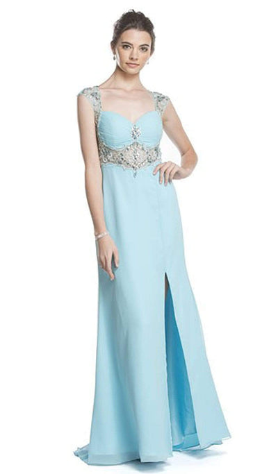 Sheer Embellished Evening Gown with Slit Dress XXS / Light Aqua