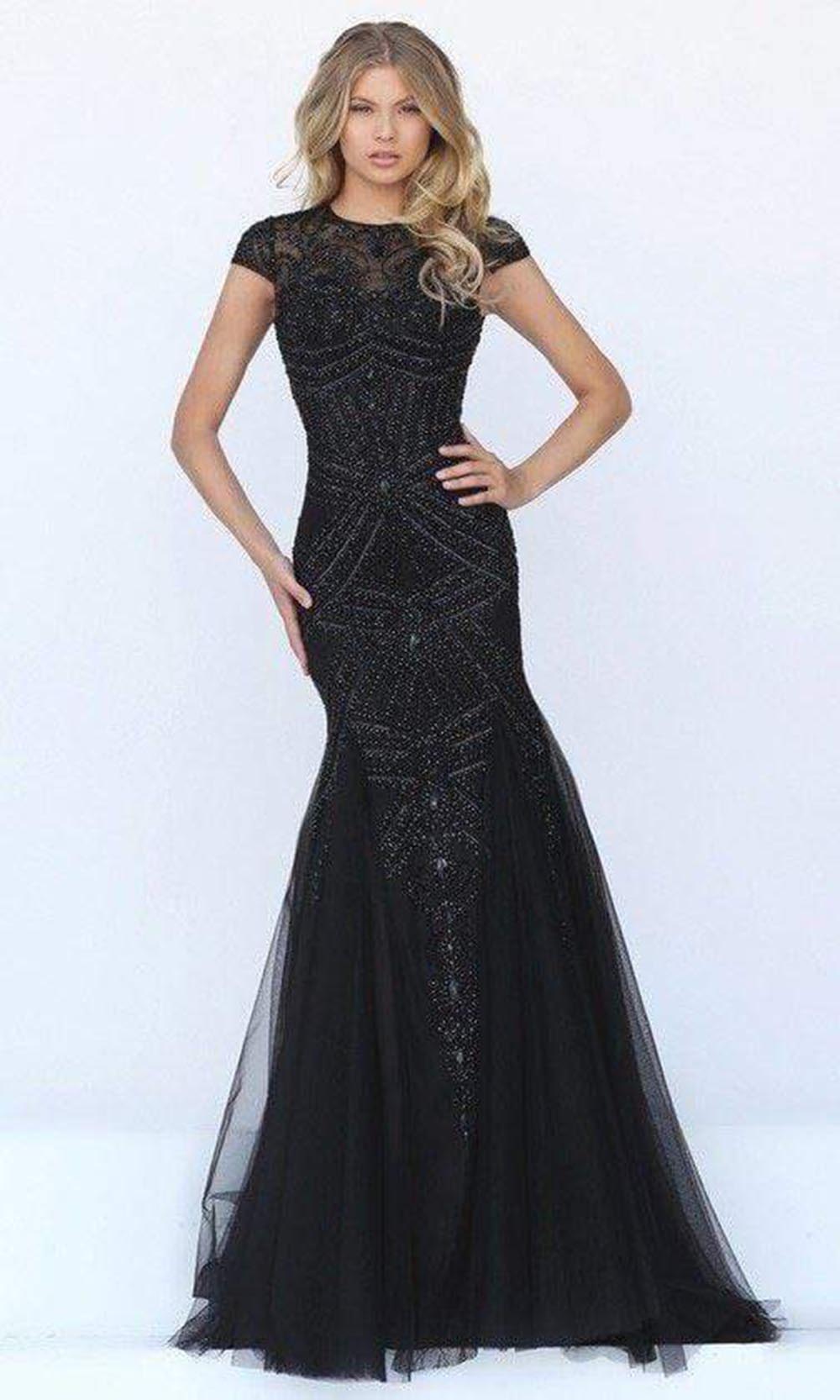 Sherri Hill - 50516SC Cap Sleeve Tulle Mermaid Gown In Blue and Black
