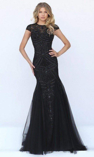 Sherri Hill - 50516SC Cap Sleeve Tulle Mermaid Gown In Blue and Black
