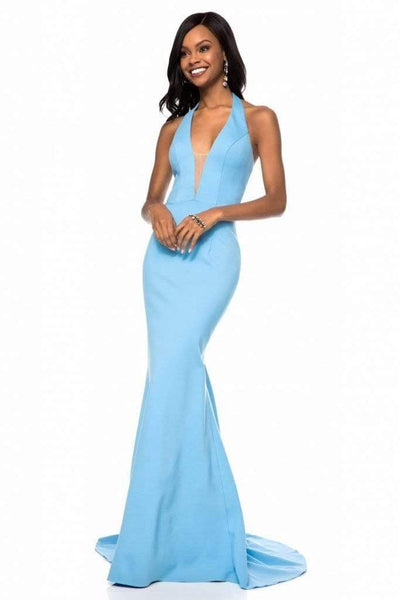 Sherri Hill - 51773 Plunging Halter Long Mermaid Dress Evening Dresses 00 / Light Blue