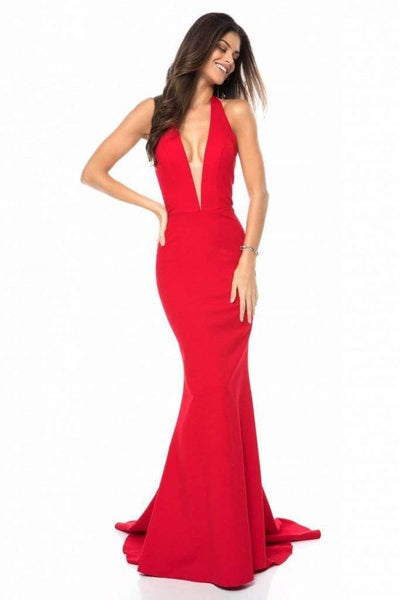 Sherri Hill - 51773 Plunging Halter Long Mermaid Dress Evening Dresses 00 / Red