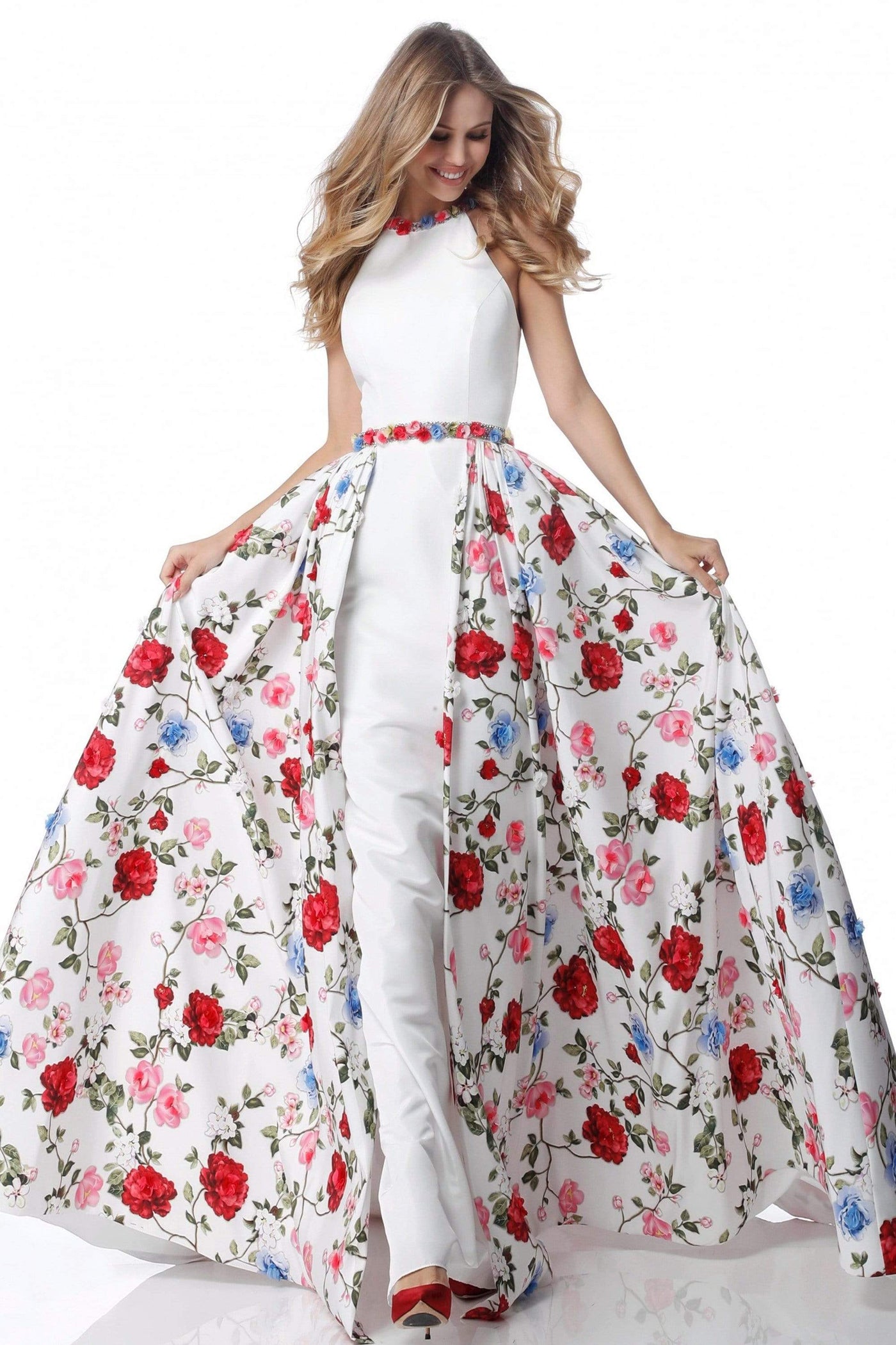 Sherri Hill - 51796 Halter Fitted Dress With Floral Print Overskirt Ball Gowns 00 / Ivory Print