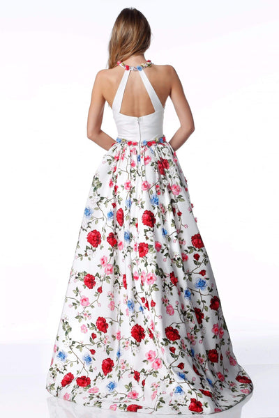 Sherri Hill - 51796 Halter Fitted Dress With Floral Print Overskirt Ball Gowns