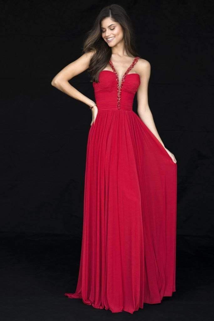 Sherri Hill - 51933 Beaded V-Neck Chiffon A-Line Dress Prom Dresses 00 / Red