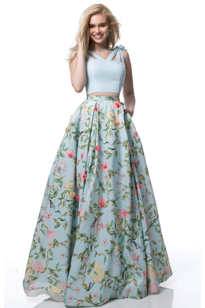 Sherri Hill - 51959 Two Piece V-neck Floral Print A-line Dress Prom Dresses 00 / Aqua Print