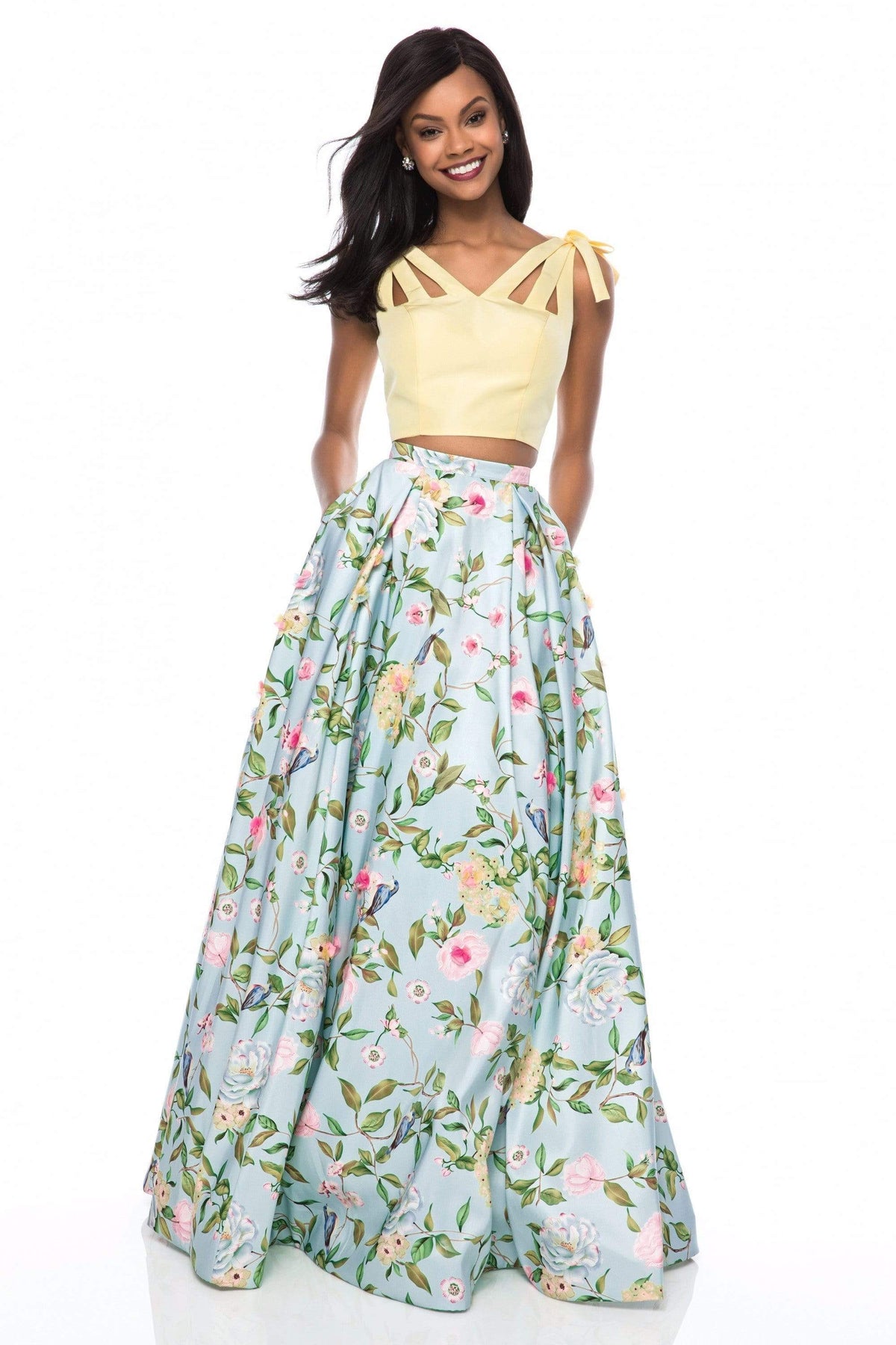 Sherri Hill - 51959 Two Piece V-neck Floral Print A-line Dress Prom Dresses 00 / Yellow/Aqua Print