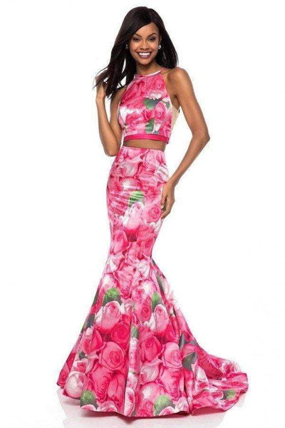 Sherri Hill - 52000 Two Piece Halter Floral Print Mermaid Dress Prom Dresses 00 / Pink Print
