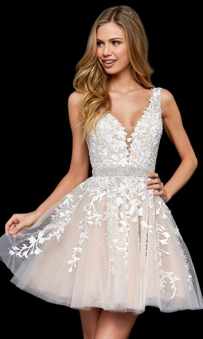 Sherri Hill - 52157SC Embroidered Tulle Short A-line Dress In White and Pink