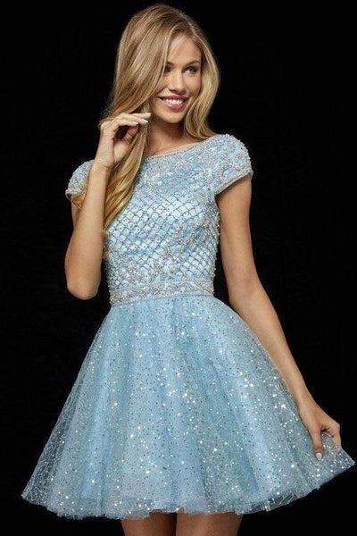 Sherri Hill - 52273 Beaded Cap Sleeve Tulle A Line Short Dress Homecoming Dresses 00 / Light Blue/Silver