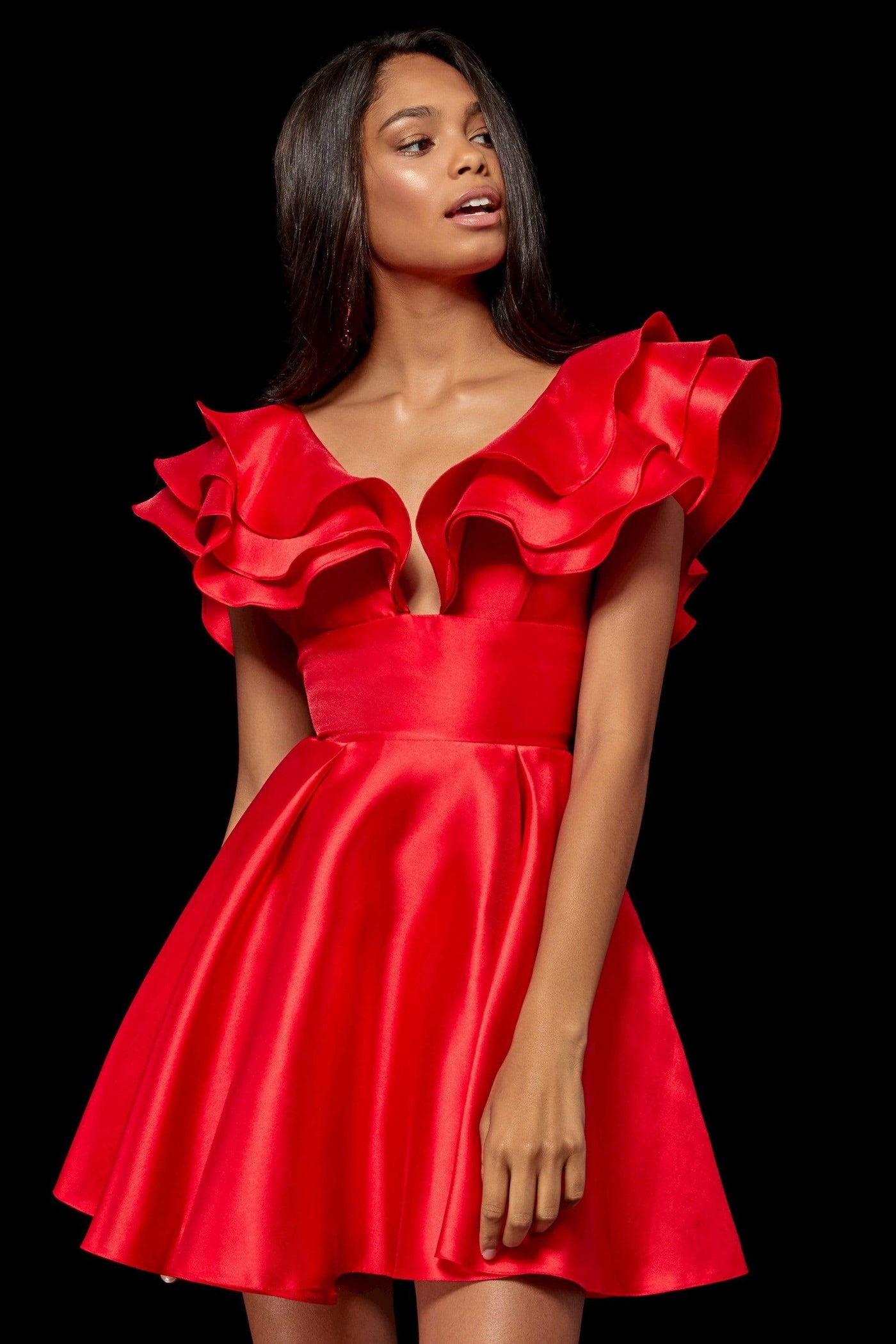 Sherri Hill - 52360 Ruffled Plunging V Neck Cocktail Dress Homecoming Dresses 00 / Red