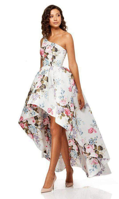 Sherri Hill - 52489SC High Low Floral Printed Asymmetric Dress In White and Multi