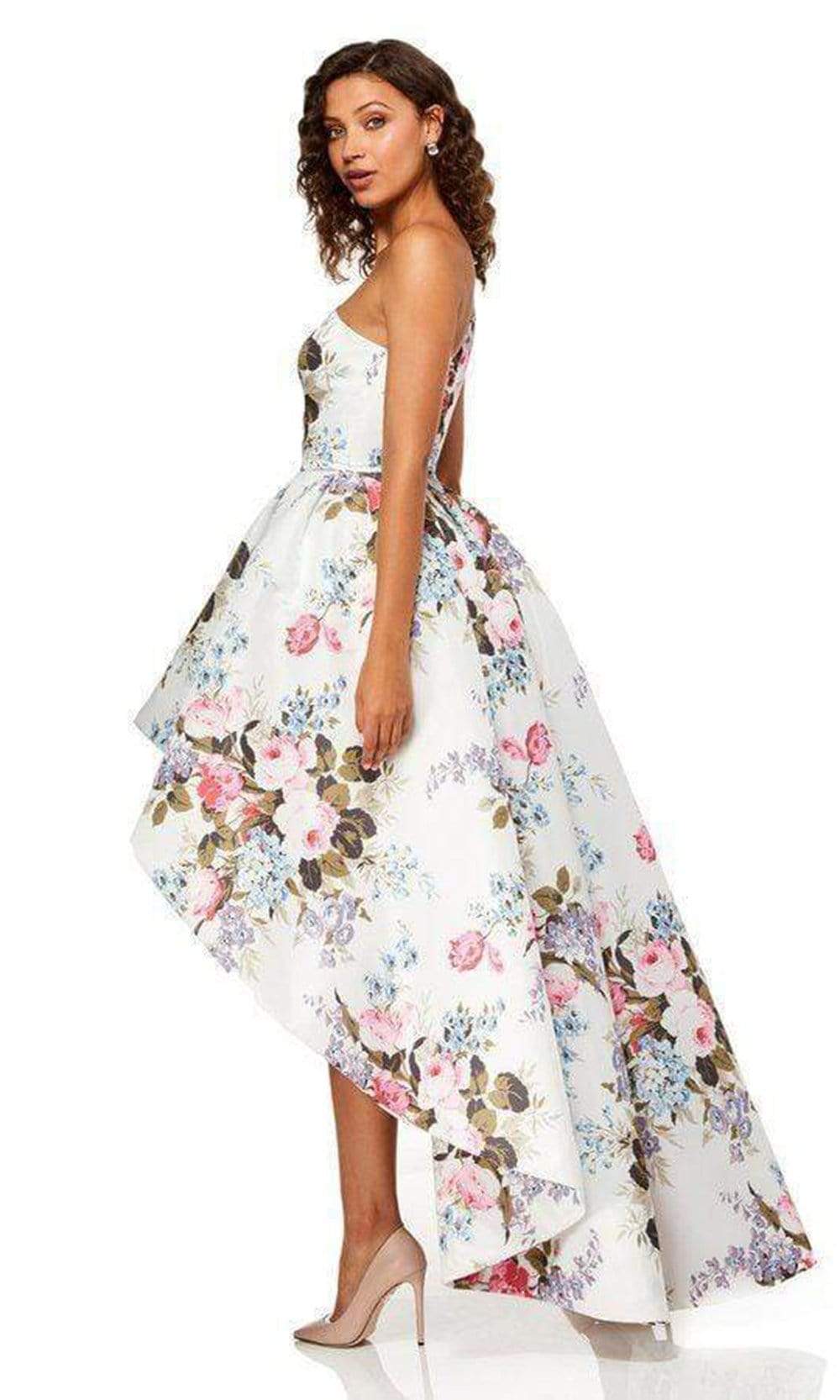 Sherri Hill - 52489SC High Low Floral Printed Asymmetric Dress In White and Multi