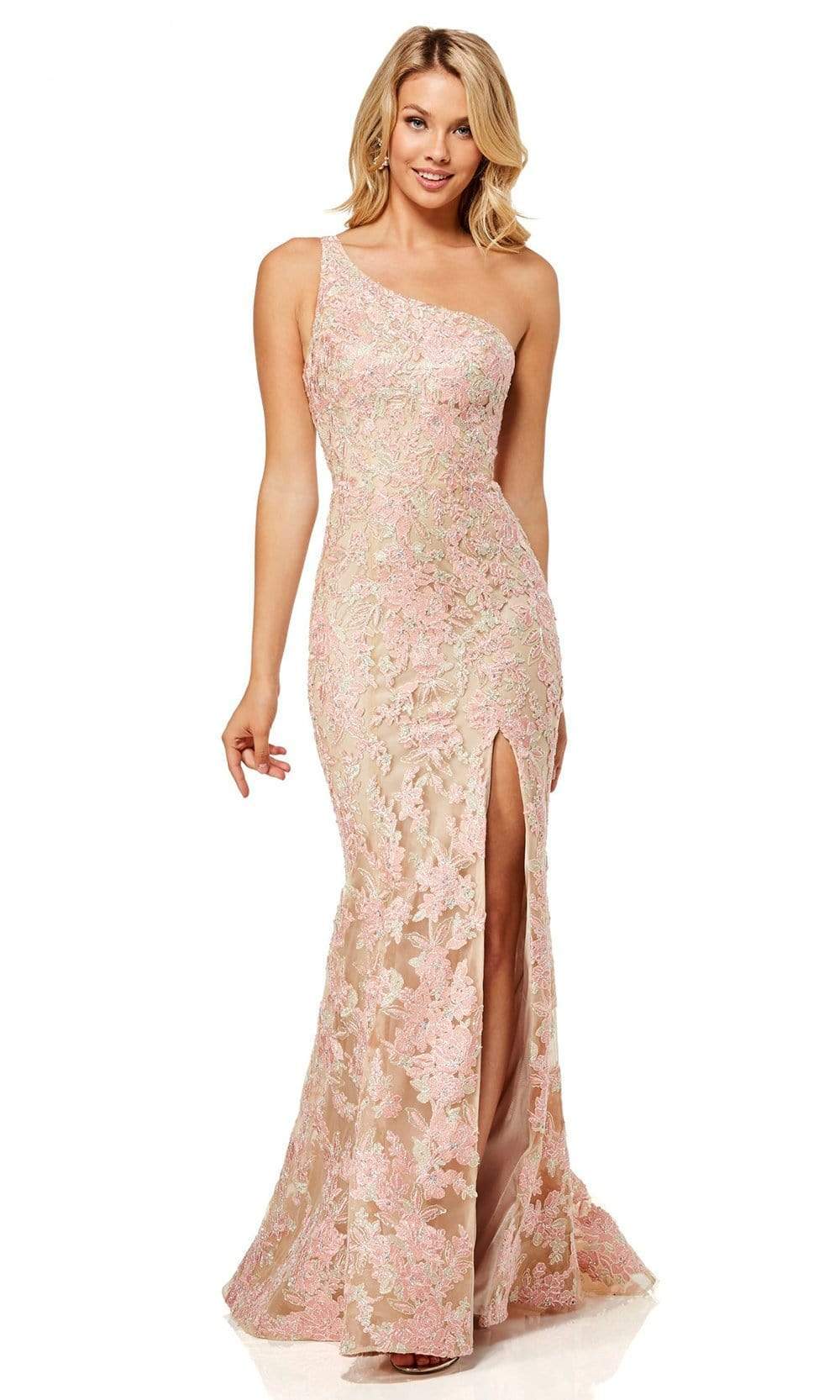 Sherri Hill - 52654SC Floral Embellished Asymmetric Slit Gown In Neutral and Pink