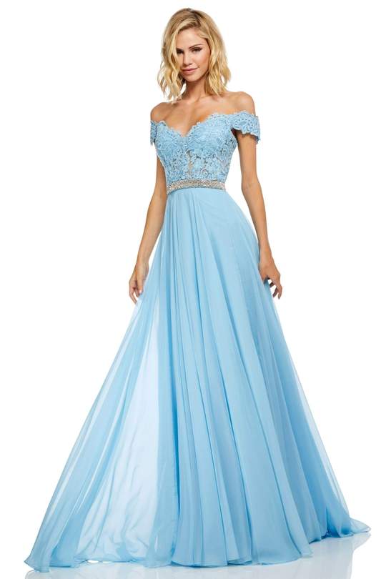 Sherri Hill - 52729SC Chiffon Embroidered A-line Gown In Blue