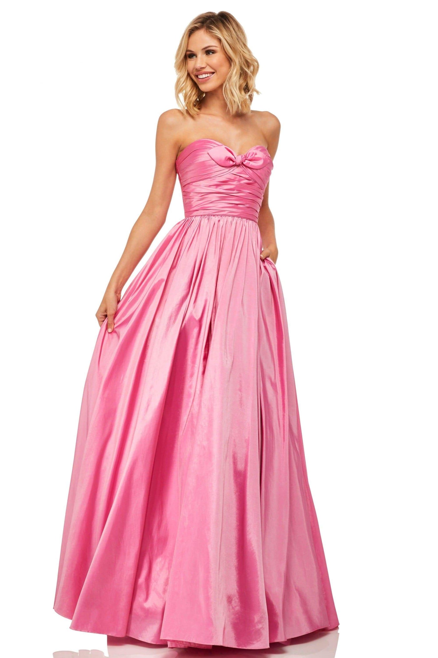 Sherri Hill - 52833 Sweetheart Bodice Ruched Taffeta Long Gown Prom Dresses 00 / Bright Pink