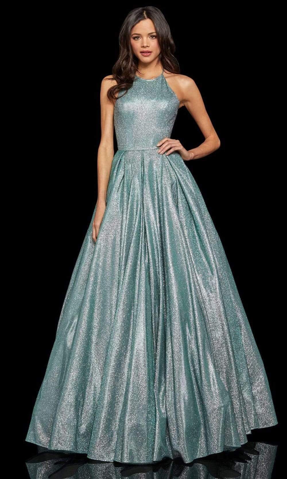 Sherri Hill - 52964SC Sleeveless Halter Glitter A-line Gown In Blue and Green