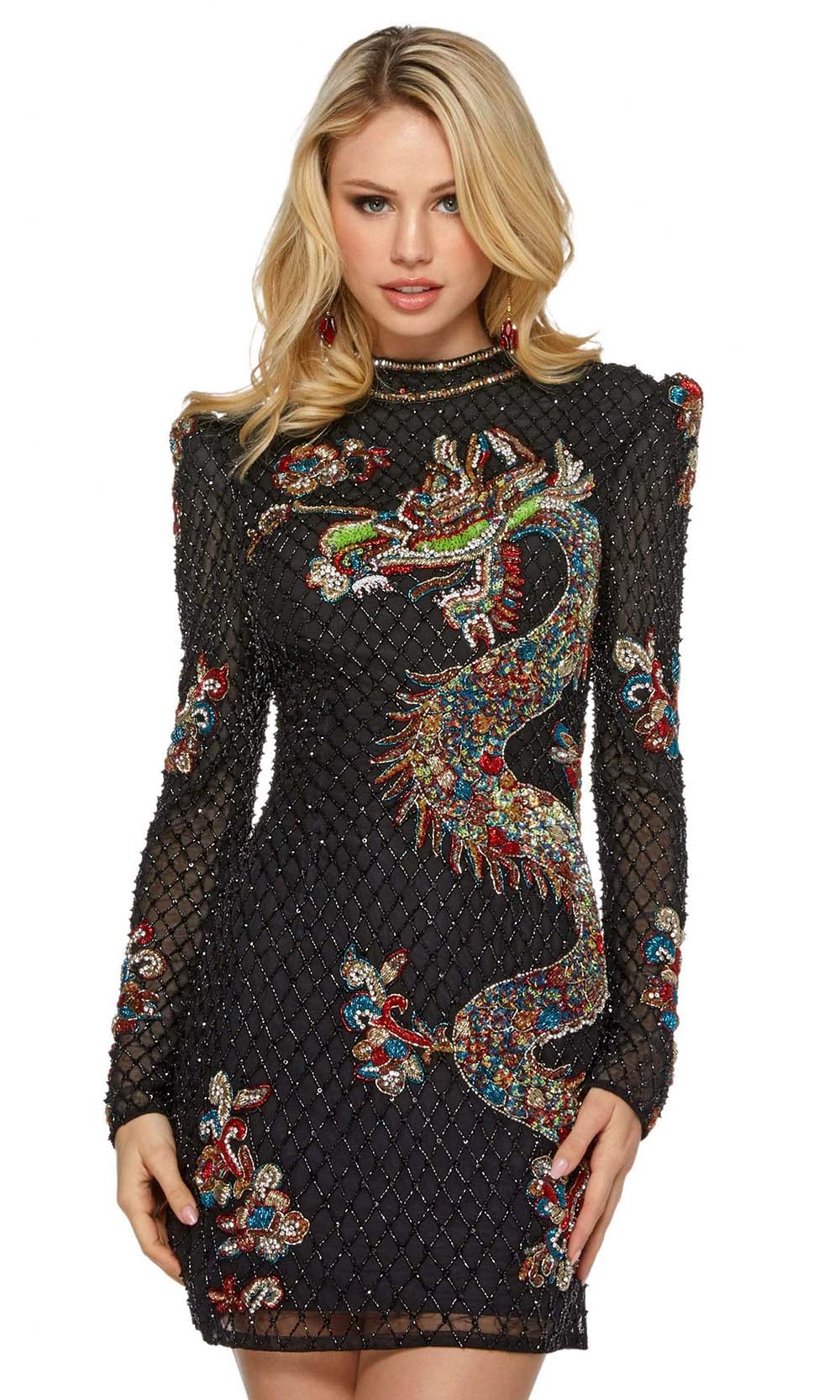 Sherri Hill - 53044SC Dragon Sequined Lattice Short Dress In Black and Multi