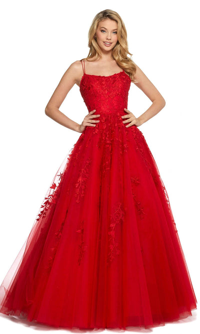 Sherri Hill - 53116SC Scoop Neck Tulle A-line Gown In Red