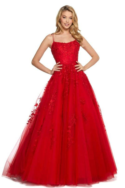 Sherri Hill - 53116SC Scoop Neck Tulle A-line Gown In Red