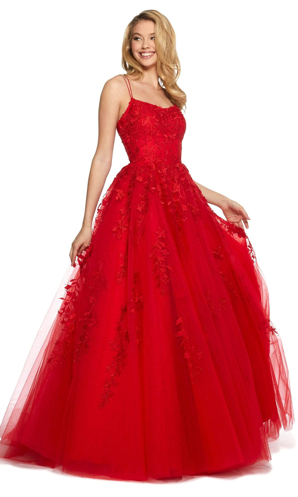 Sherri Hill - 53116SC Scoop Neck Tulle A-line Gown In Red
