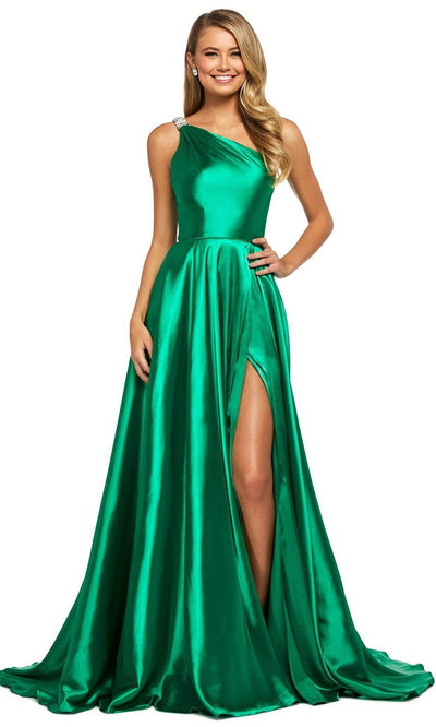 Sherri Hill - 53295SC Sleeveless Asymmetric Neck Satin A-line Dress In Green