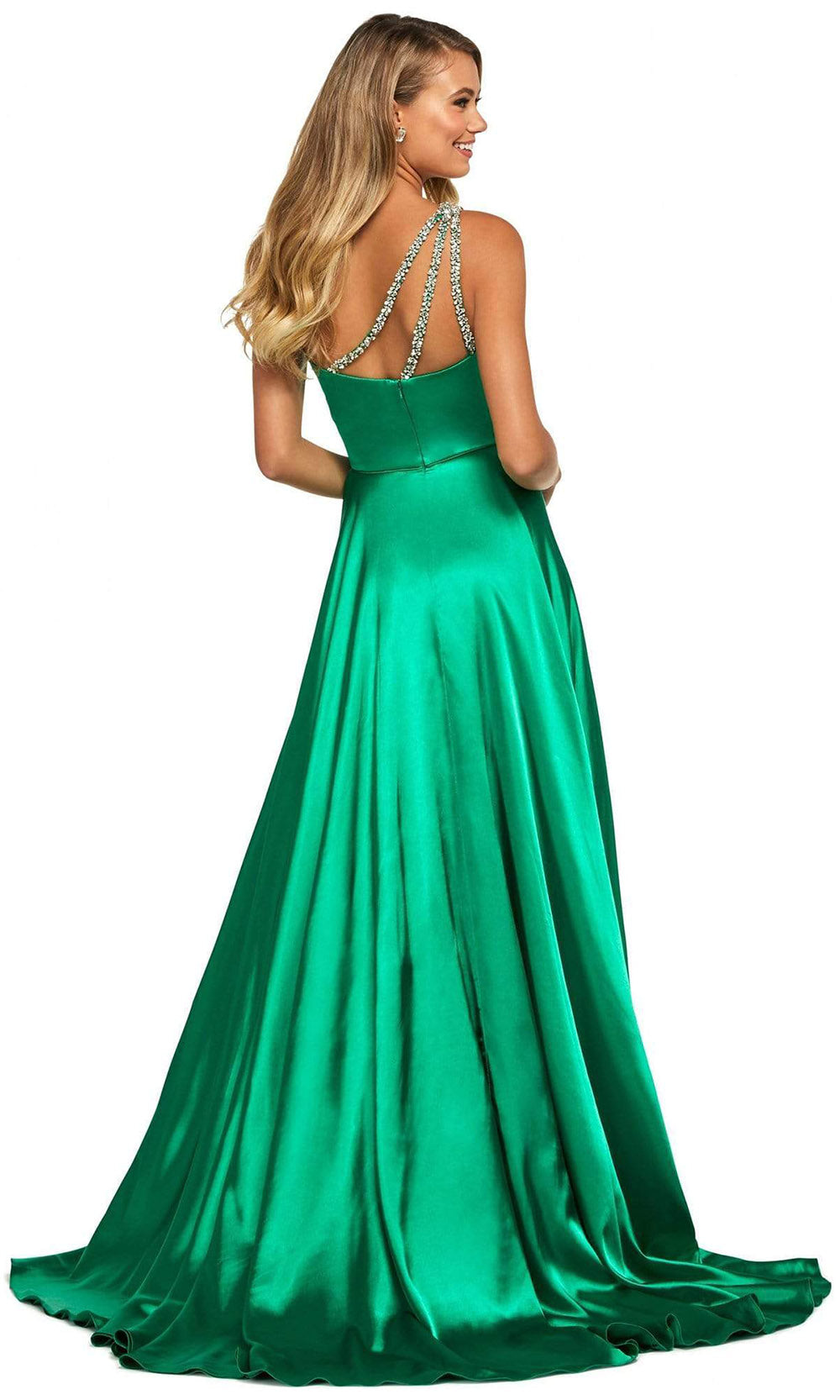 Sherri Hill - 53295SC Sleeveless Asymmetric Neck Satin A-line Dress In Green