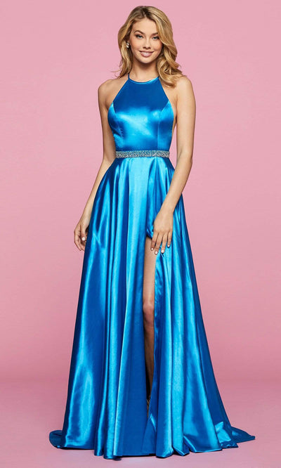 Sherri Hill - 53302SC Halter Satin Slit A-line Dress In Blue