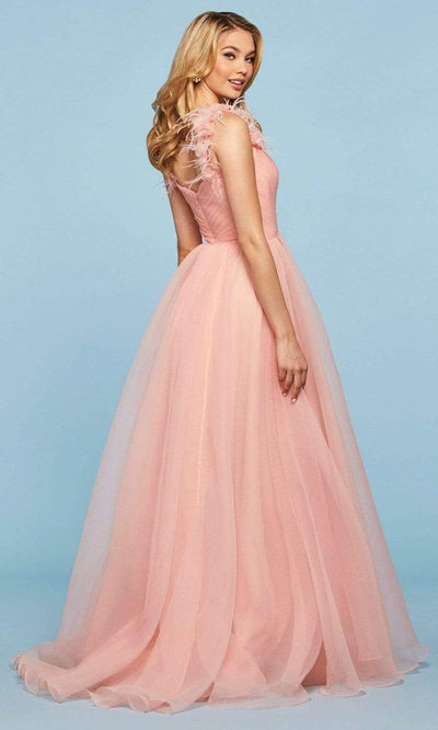 Sherri Hill - 53417SC V Neck Pleated Tulle Slit Gown In Pink 