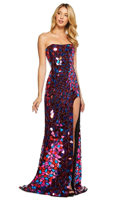 Sherri Hill - 53474SC Strapless Peacock Motif Slit Evening Gown In Black and Multi