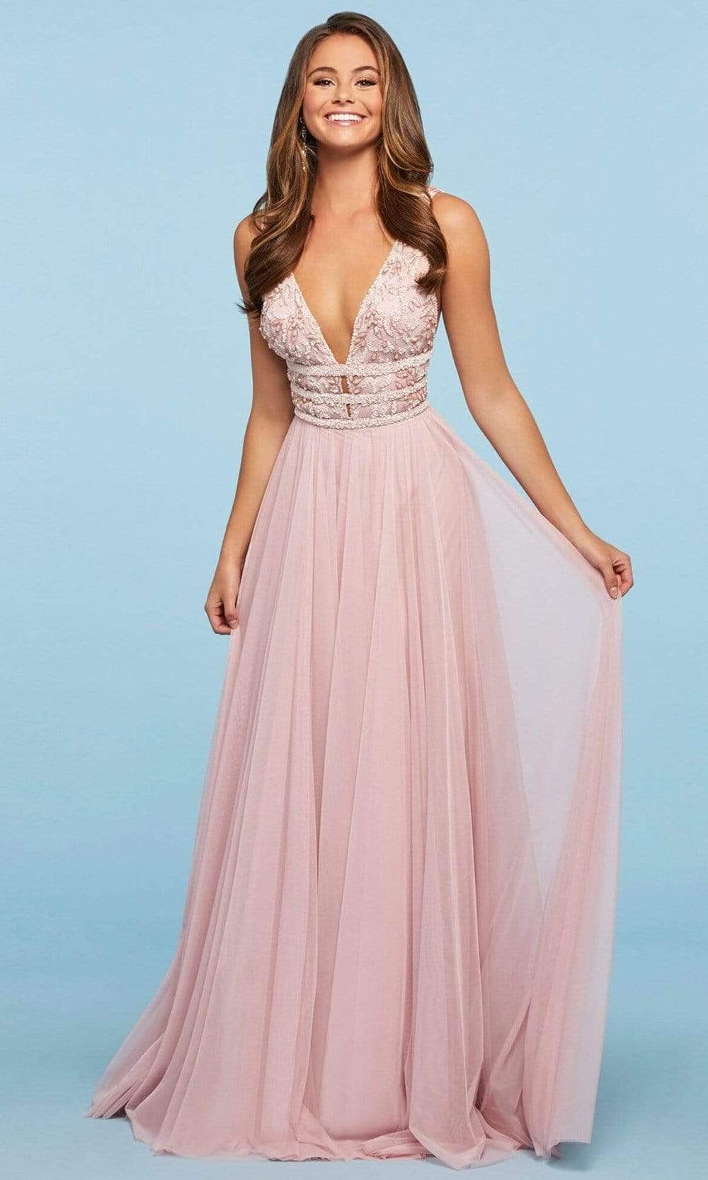 Sherri Hill - 53551SC Flowy Plunging A-line Prom Dress In Pink 