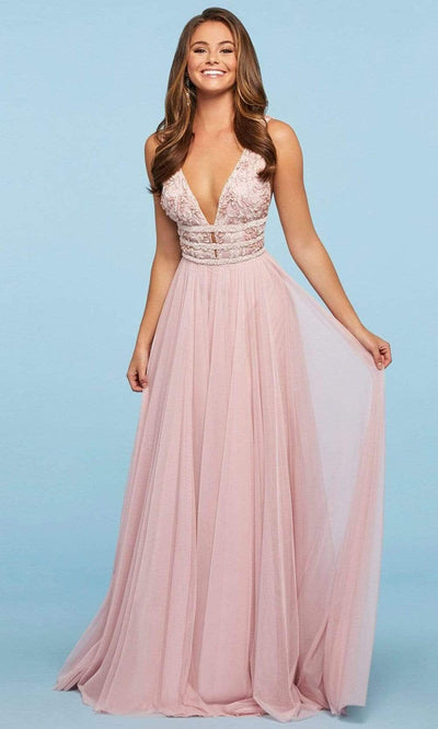 Sherri Hill - 53551SC Flowy Plunging A-line Prom Dress In Pink 