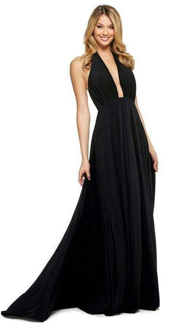 Sherri Hill - 53577SC Deep Halter Open Back Ruched A-line Dress In Black