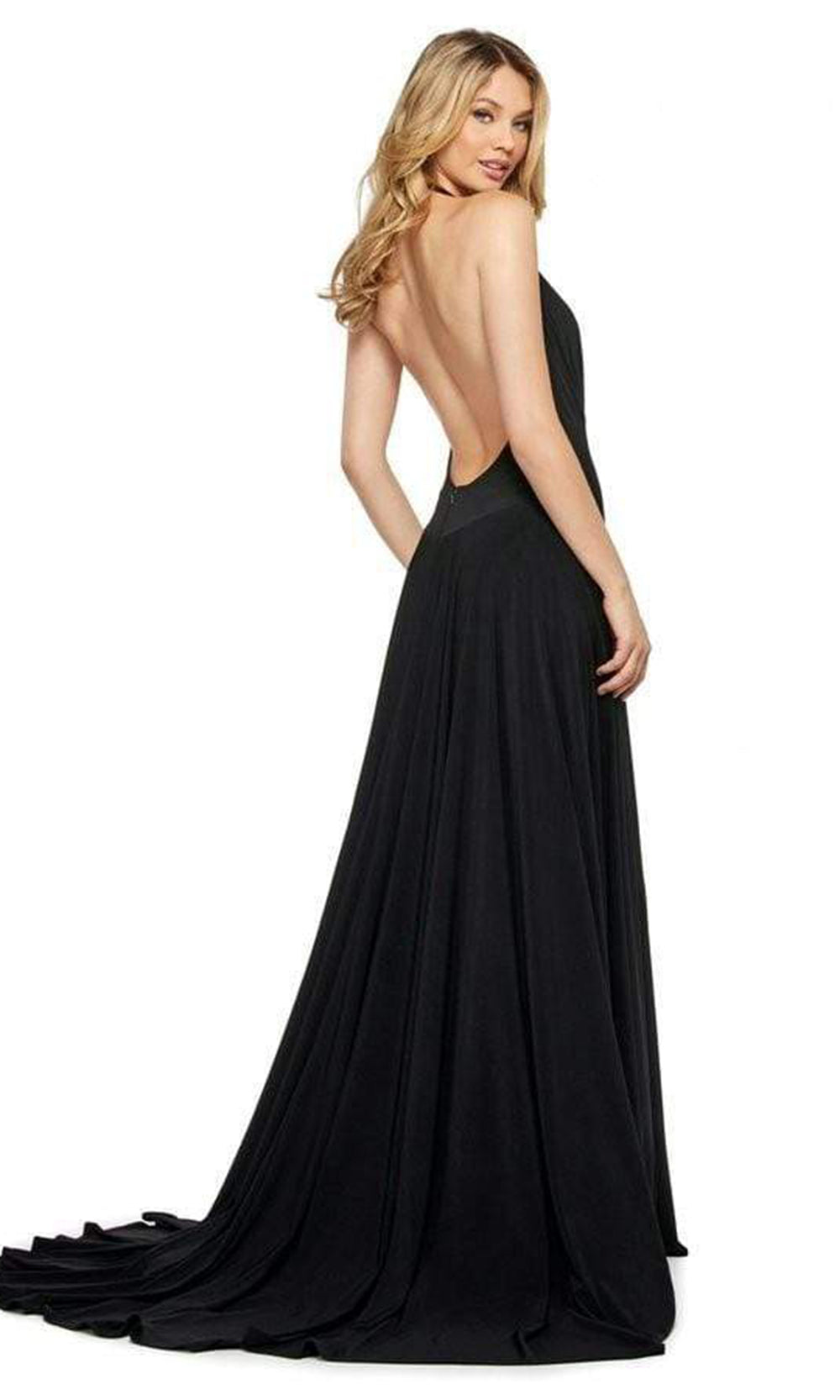 Sherri Hill - 53577SC Deep Halter Open Back Ruched A-line Dress In Black