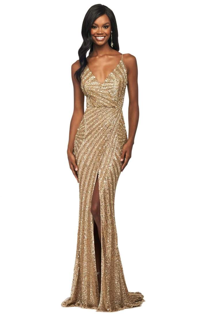 Sherri Hill - 53798SC V-Neck Sequins Sheath Dress In Gold