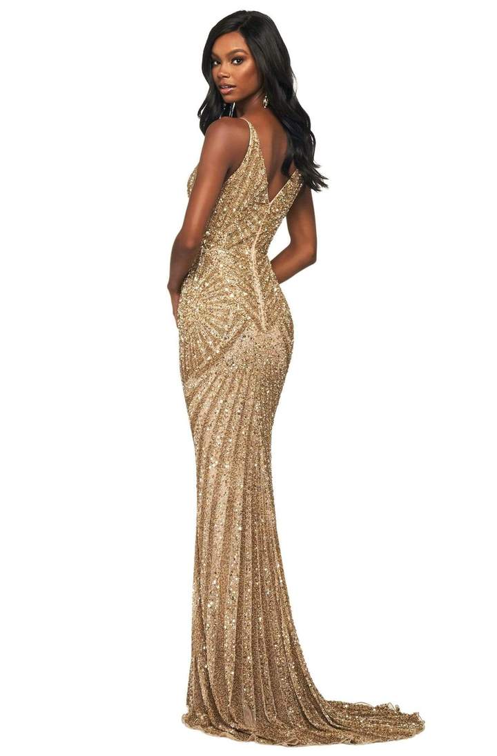 Sherri Hill - 53798SC V-Neck Sequins Sheath Dress In Gold