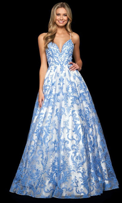 Sherri Hill - 53921 Embroidered Sweetheart Ballgown Prom Dresses 00 / Ivory/Blue
