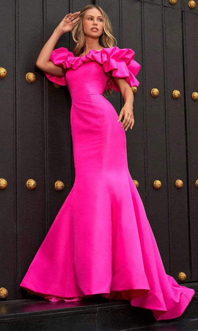 Sherri Hill - 54807SC Ruffled Off Shoulder Mermaid Gown In Pink