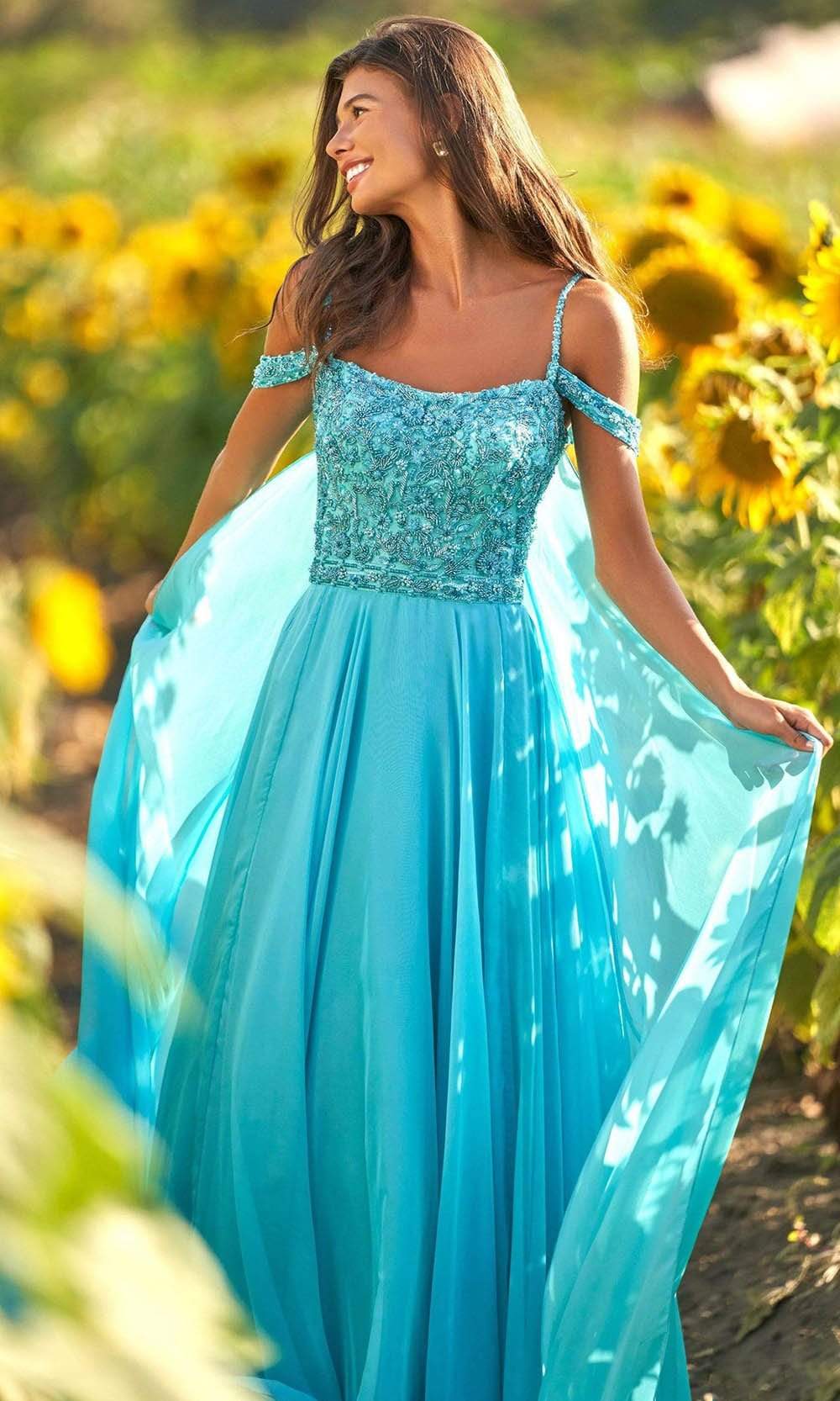 Sherri Hill - 54905 Draped Off Shoulder Dress Prom Dresses 00 / Sky Blue