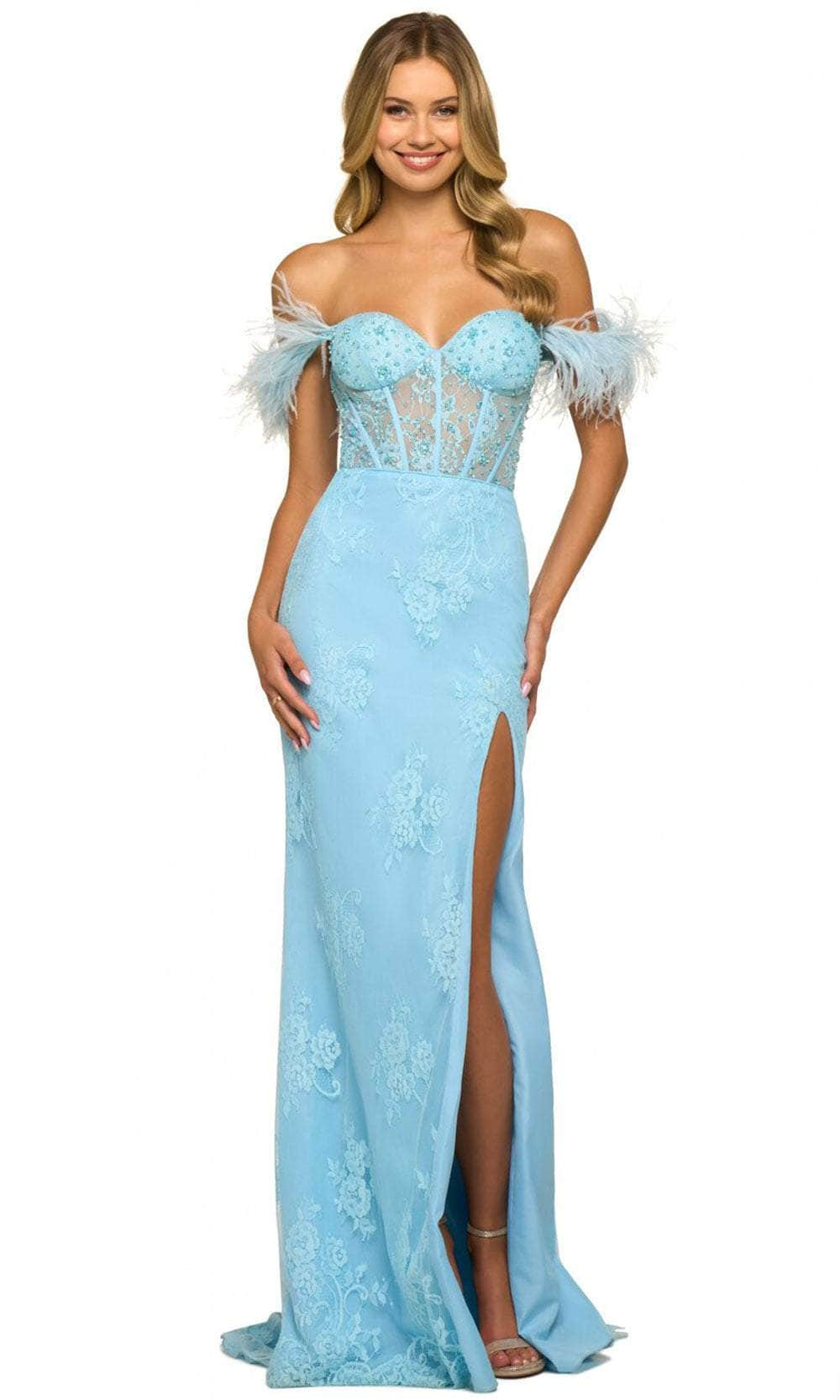 Sherri Hill 55068 - Feathered Sleeve Lace Evening Gown Evening Gown 000 / Light Blue