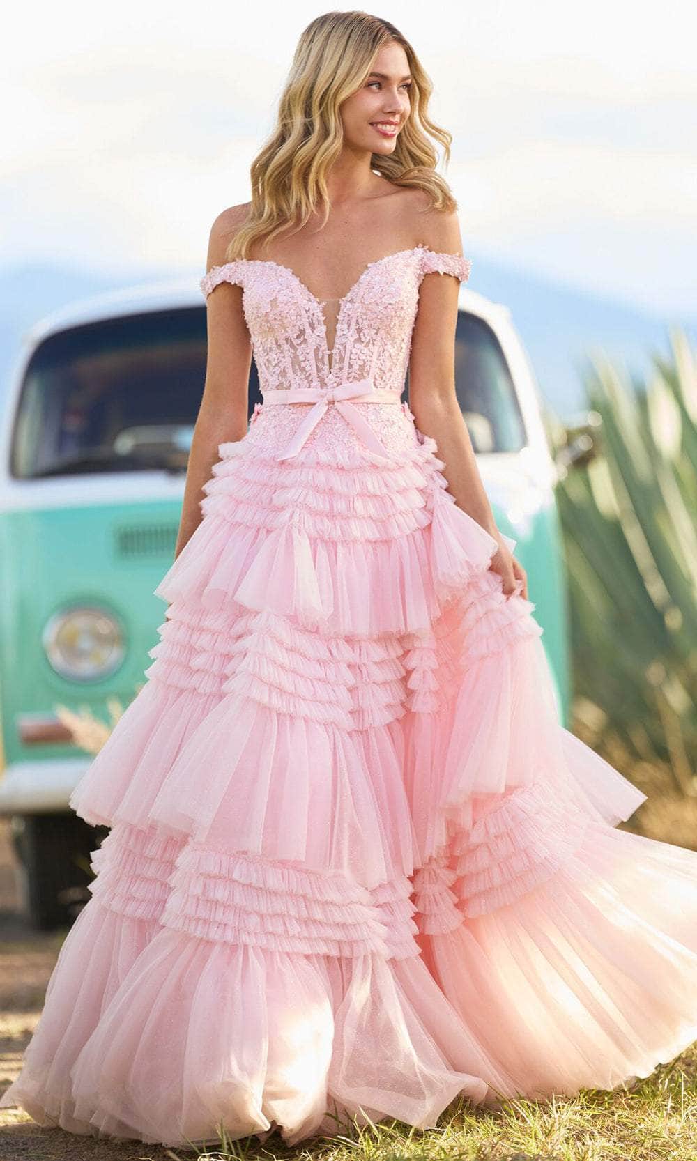 Sherri Hill 55309 - Off Shoulder Tiered Prom Dress Prom Dresses 000 / Blush