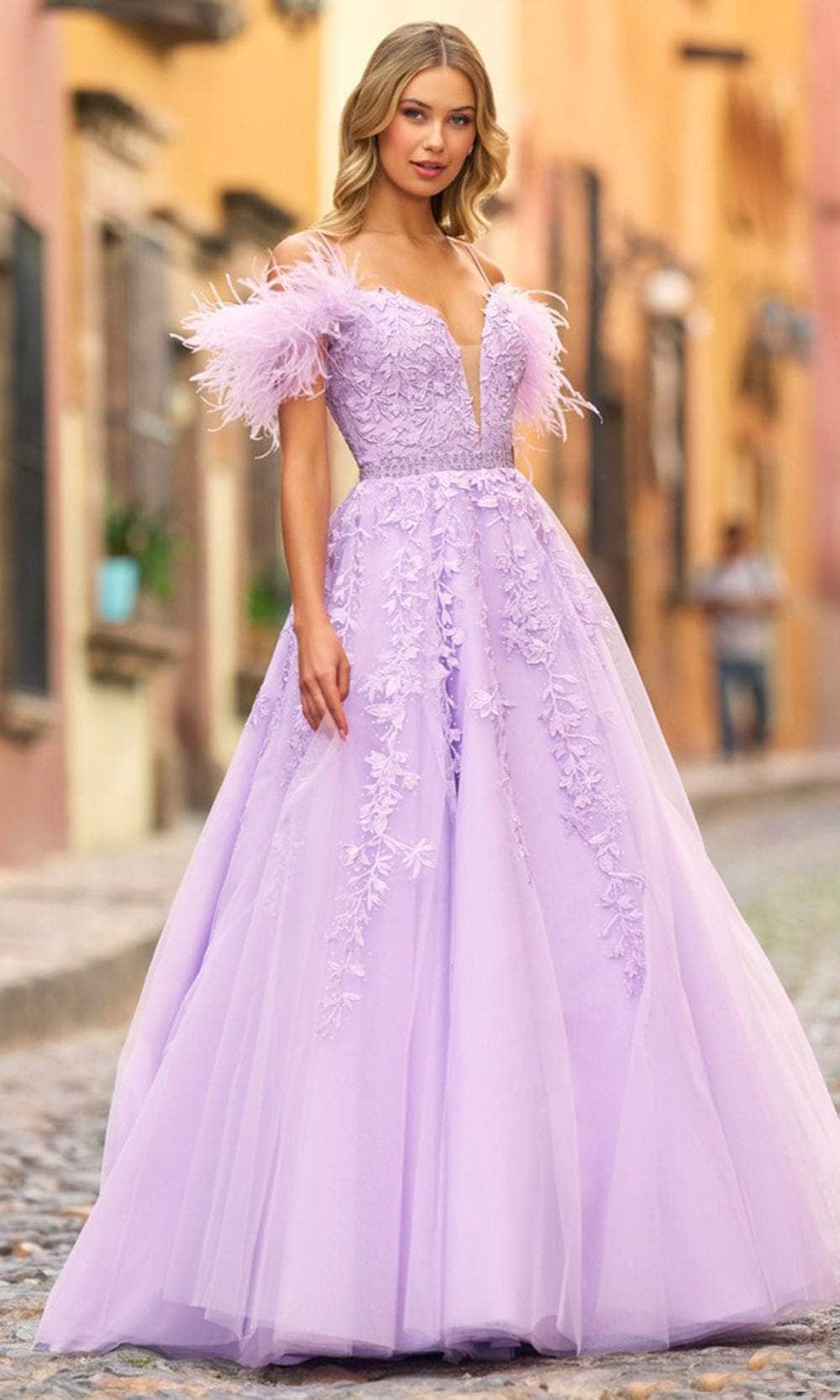 Sherri Hill 55329 - Feather Embellished Off-Shoulder Prom Gown Prom Dresses 000 / Lilac