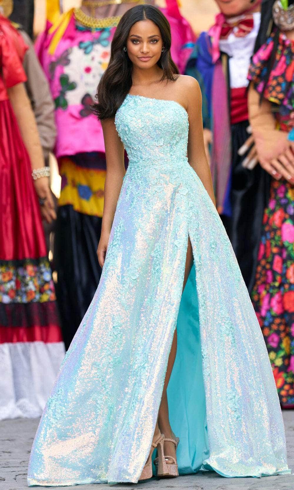 Sherri Hill 55342 - One Sleeve A-Line Prom Gown Prom Gown 000 / Aqua