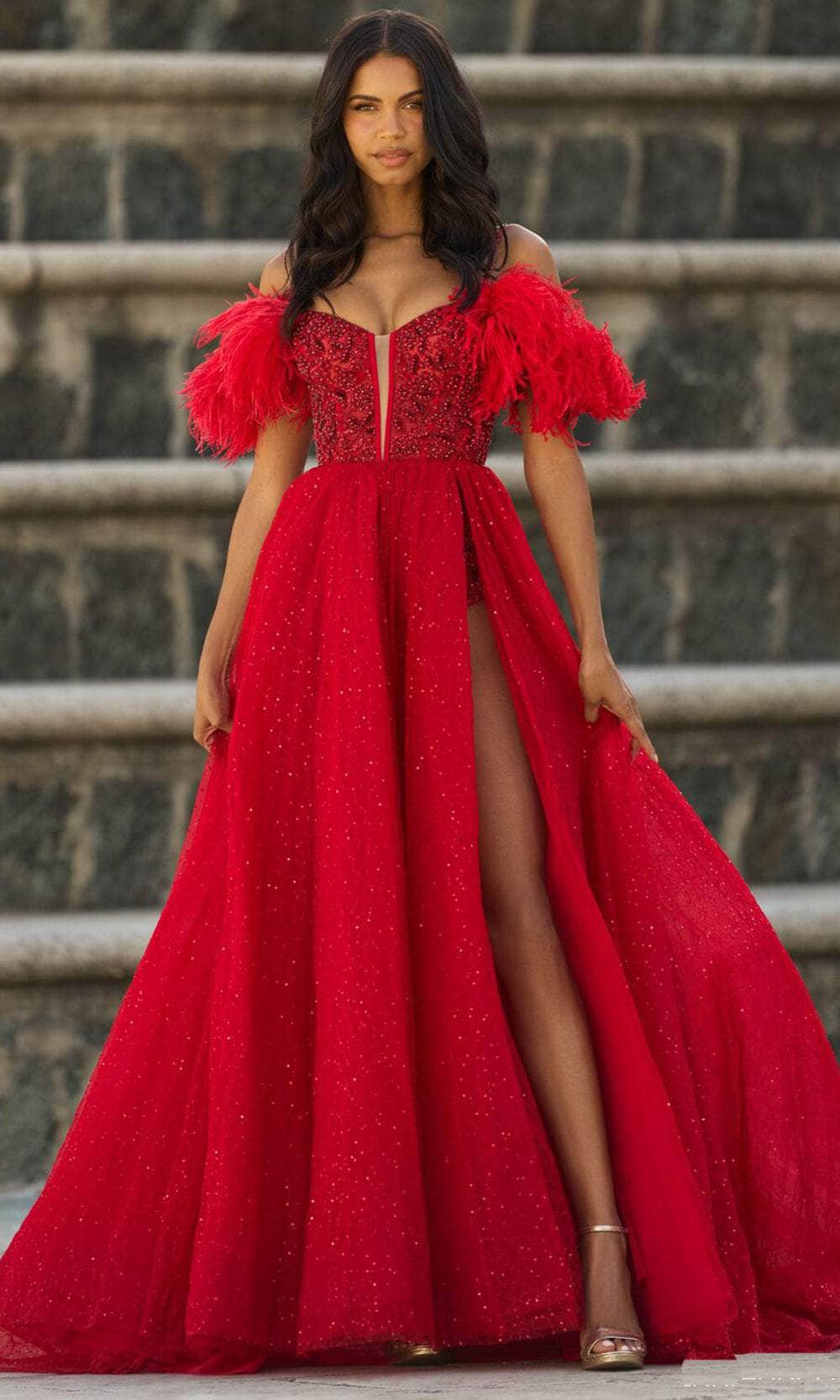 Sherri Hill 55361 - Feathered Sleeve A-Line Evening Gown Evening Gown 000 / Red
