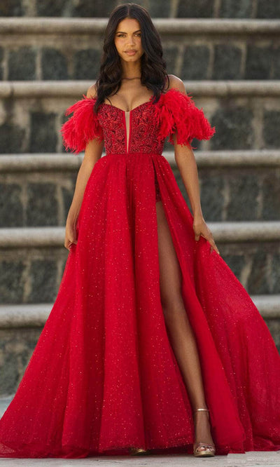 Sherri Hill 55361 - Feathered Sleeve A-Line Evening Gown Evening Gown 000 / Red